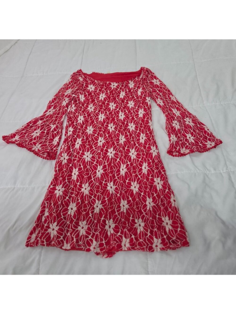 Haani Lace Dress Medium Red Floral Bell Sleeve Fit Flare Boho Romantic Coquette - Picture 3 of 15